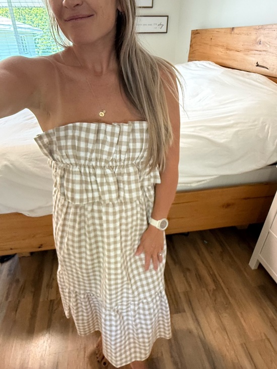 Lush Dresses & Skirts - Lush Tan and White Gingham Strapless Ruffle Midi Dress